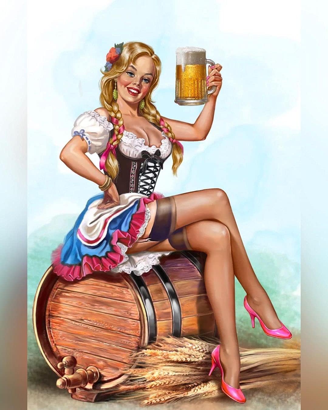 Home Bar And Coffee - ป้ายโลหะตกแต่งผนังลายสาวบาร์เทนเดอร์และเบียร์วีท สไตล์วินเทจ สำหรับตกแต่งบ้าน บาร์ หรือร้านกาแฟ