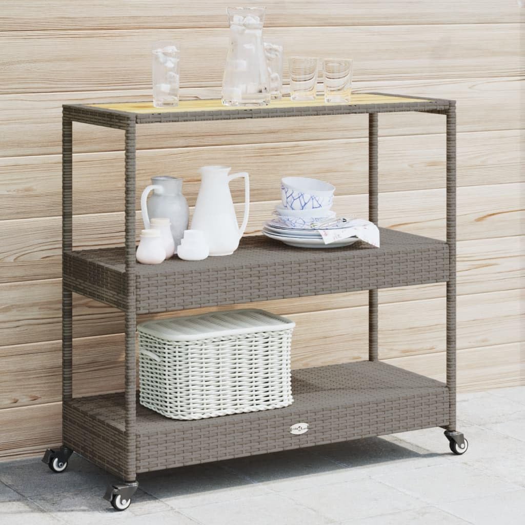 Home Bar Shelf - รถเข็นบาร์กลางแจ้ง 3 ชั้น, รถเข็นเสิร์ฟแบบเคลื่อนที่พร้อมท็อปไม้และชั้นวางหวาย, รถเข็นอเนกประสงค์สำหรับลานบ้านและสวน, ปรับแต่งได้