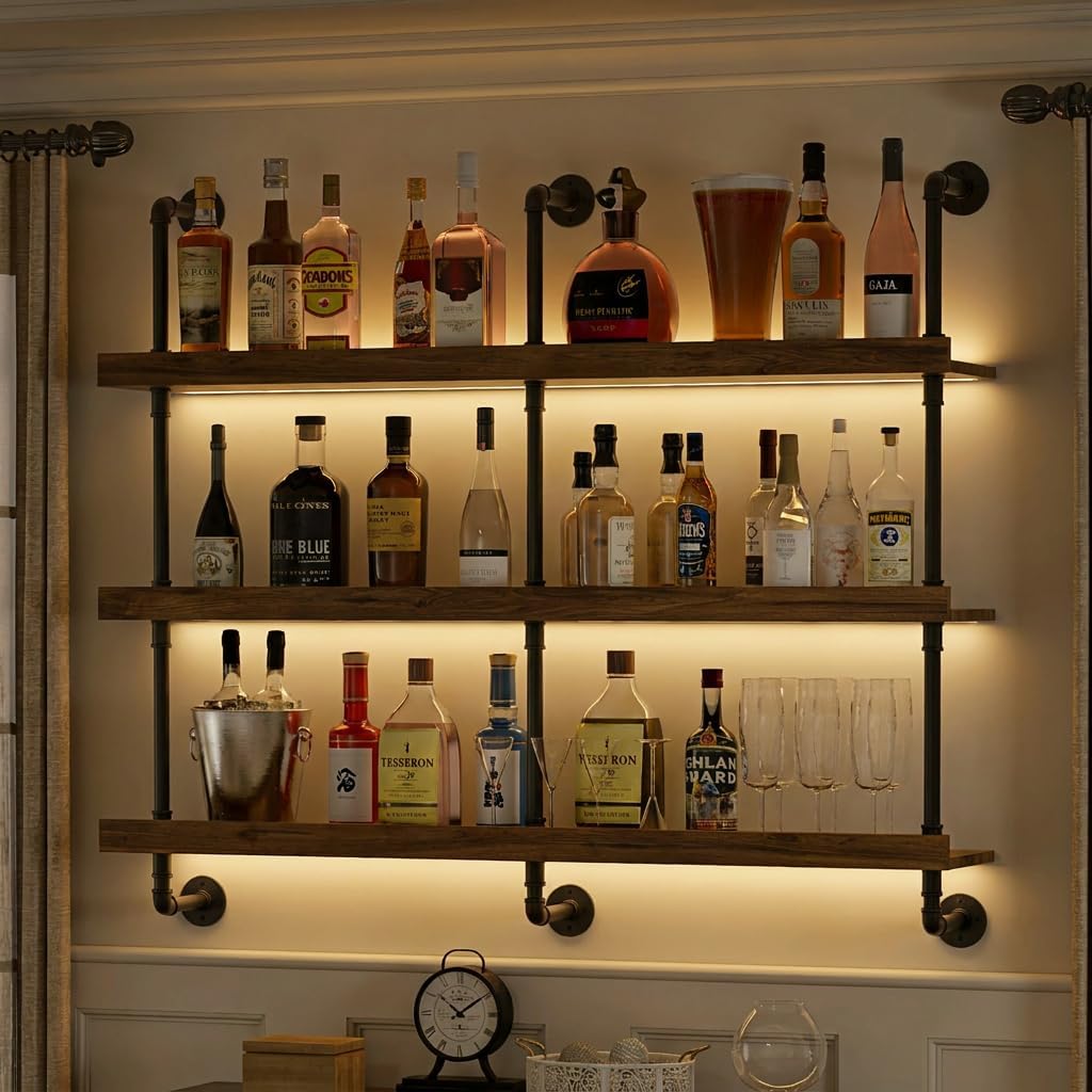 Home Bar Shelf - ชั้นวางไวน์ติดผนังพร้อมไฟ LED แบบสามชั้น ชั้นวางลอยสำหรับจัดแสดงและเก็บขวดเหล้า ที่วางไวน์สไตล์โมเดิร์นสำหรับห้องครัว บาร์ในบ้าน