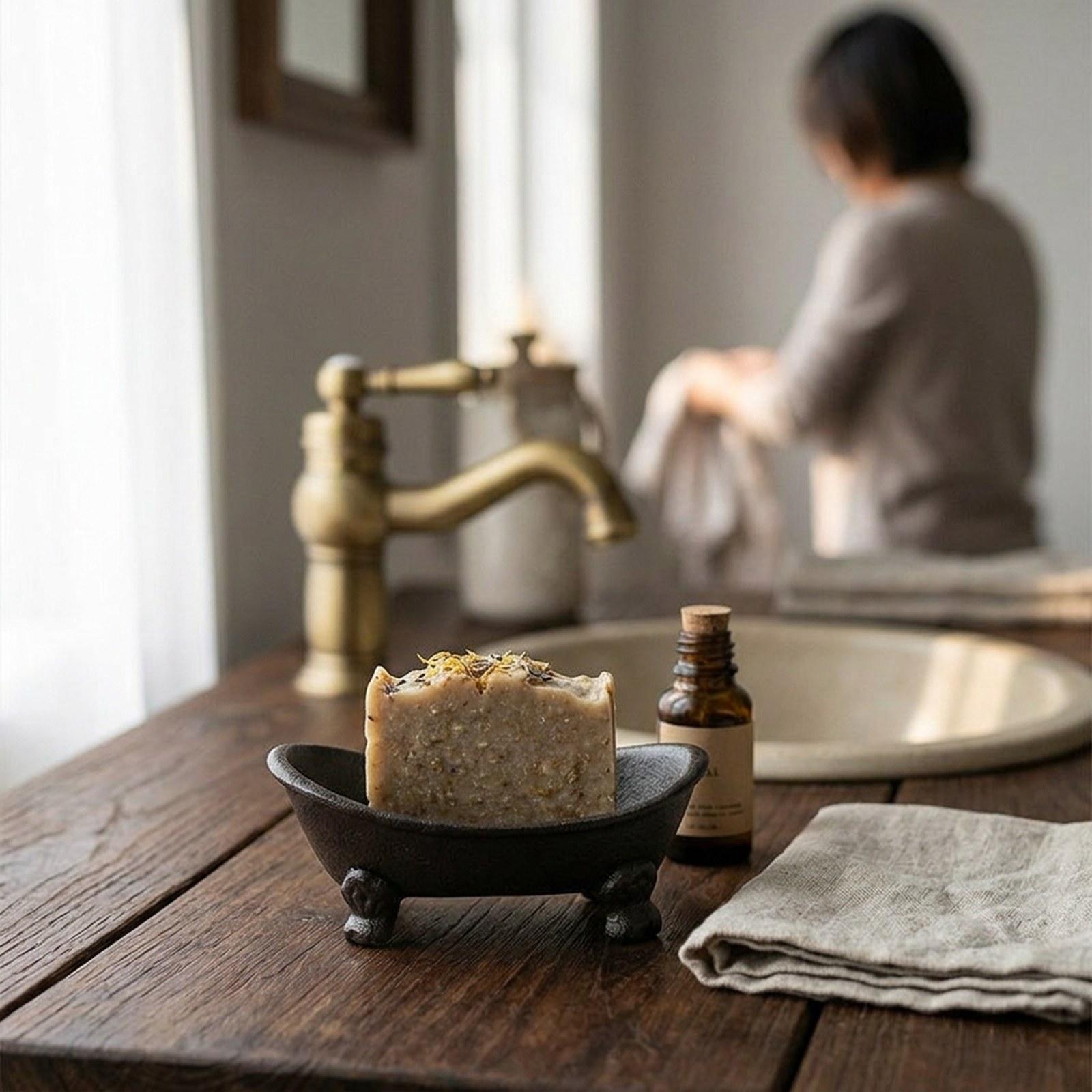 Home Bar Sink - ที่วางสบู่เหล็กหล่อแบบหนา ทนทาน สไตล์เรโทร ทำด้วยมือ ถาดสบู่แบบมีรูระบายน้ำ ด้านล่างแบบโปร่ง