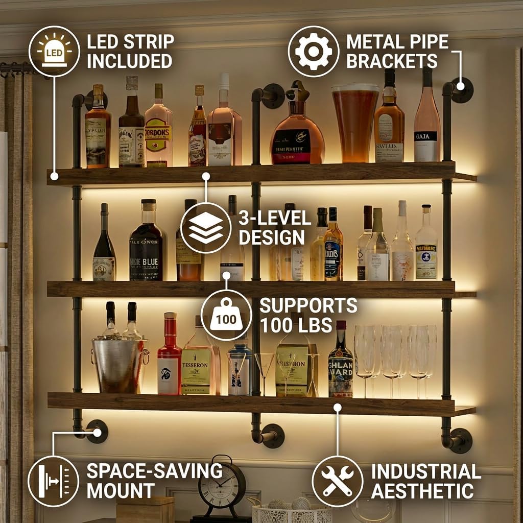 ชั้นวางไวน์ติดผนังพร้อมไฟ LED  - Home Bar Shelf บทวิจารณ์และราคา